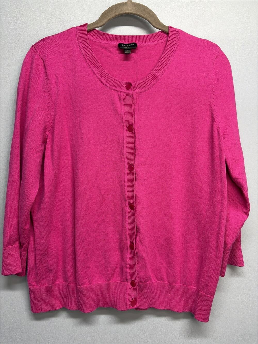 Talbots Women’s Sz Large Pink Button Up Cardigan Sweater 3/4 Sleeve Pima Cotton